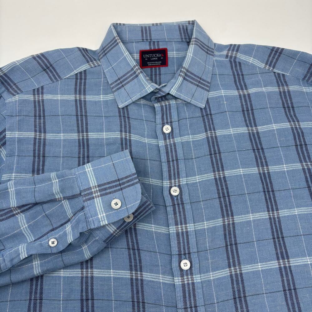 Untuckit Mens Large Blue Check Long Sleeve Button Up Linen Blend "Garzon" Shirt